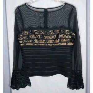 JS Collections Black Lace Mesh Top Womens 14 Sheer Sleeve Evening Blouse